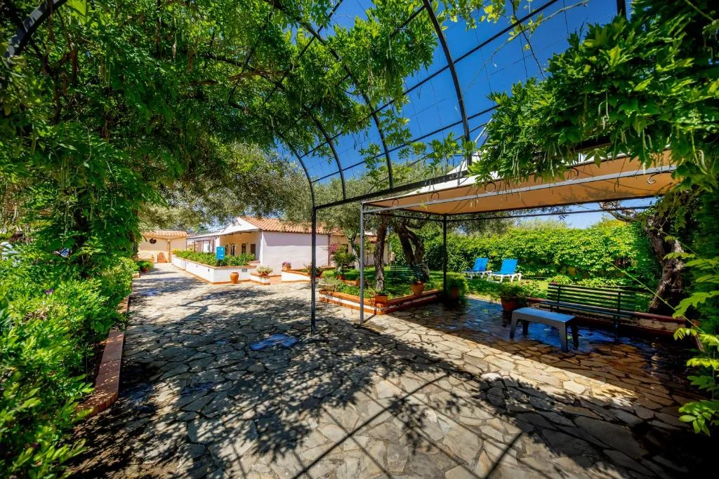 Vialetto in pietra tra giardino rigoglioso con pergolato e panchine