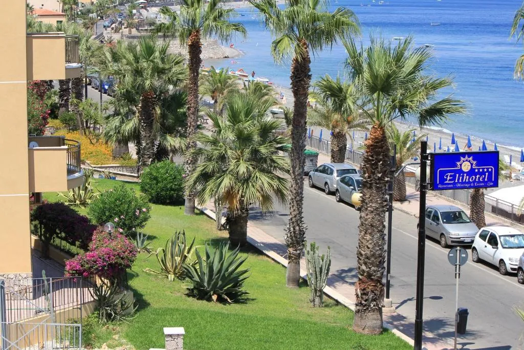 Vista sulla spiaggia e sul mare con palme dal lungomare dell'hotel