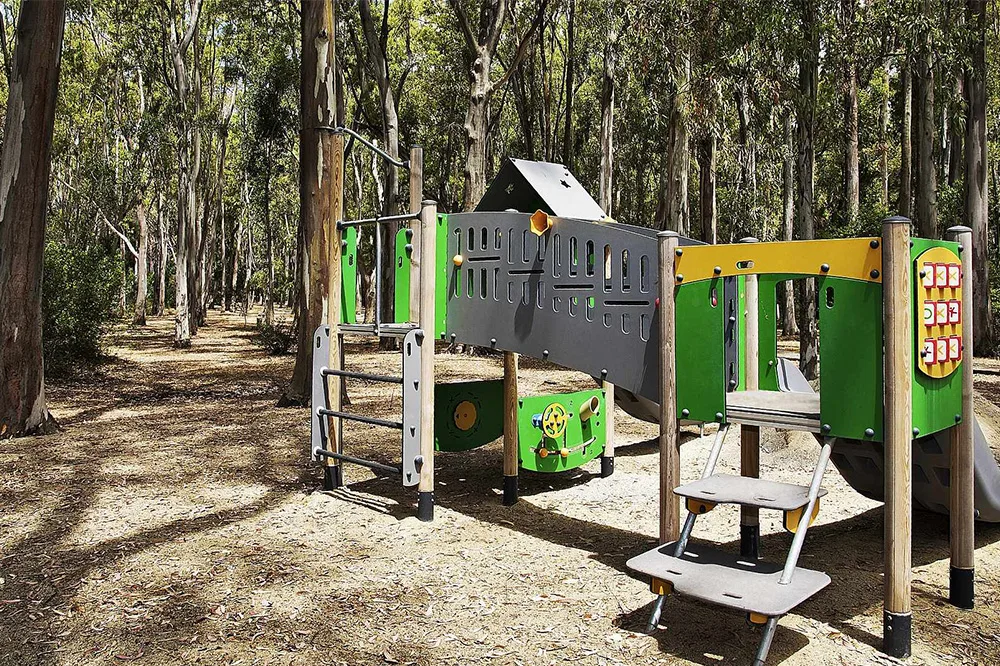 Area giochi per bambini in legno e plastica colorata immersa in un bosco di eucalipti