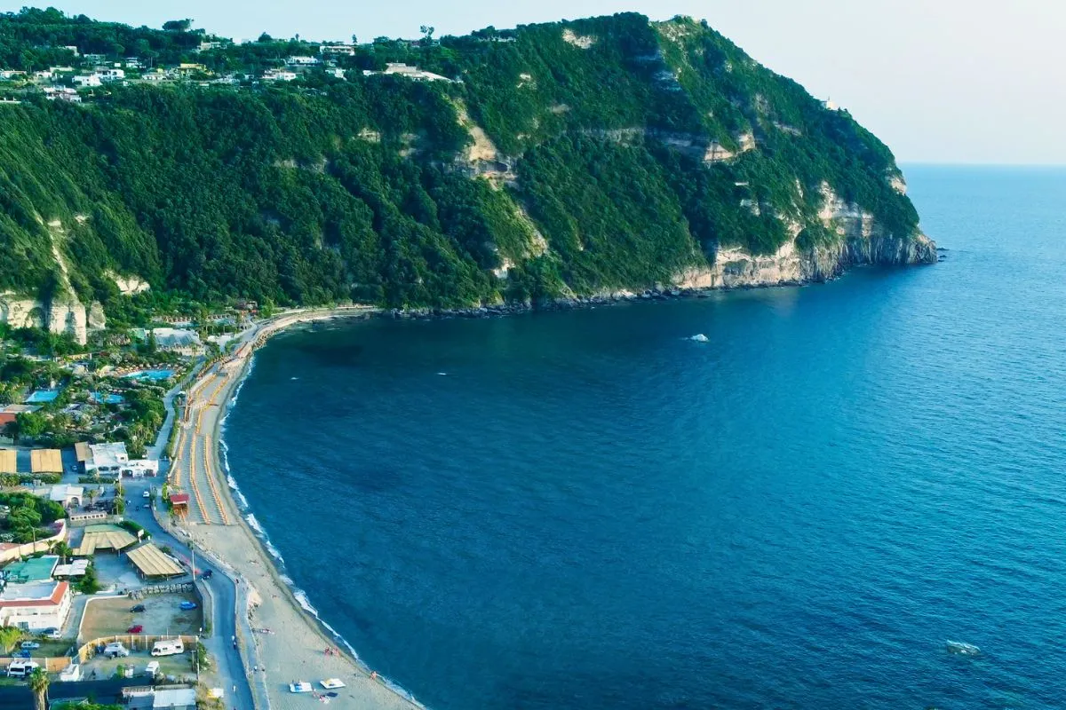 Veduta aerea della baia con spiaggia e promontorio boscoso a strapiombo sul mare