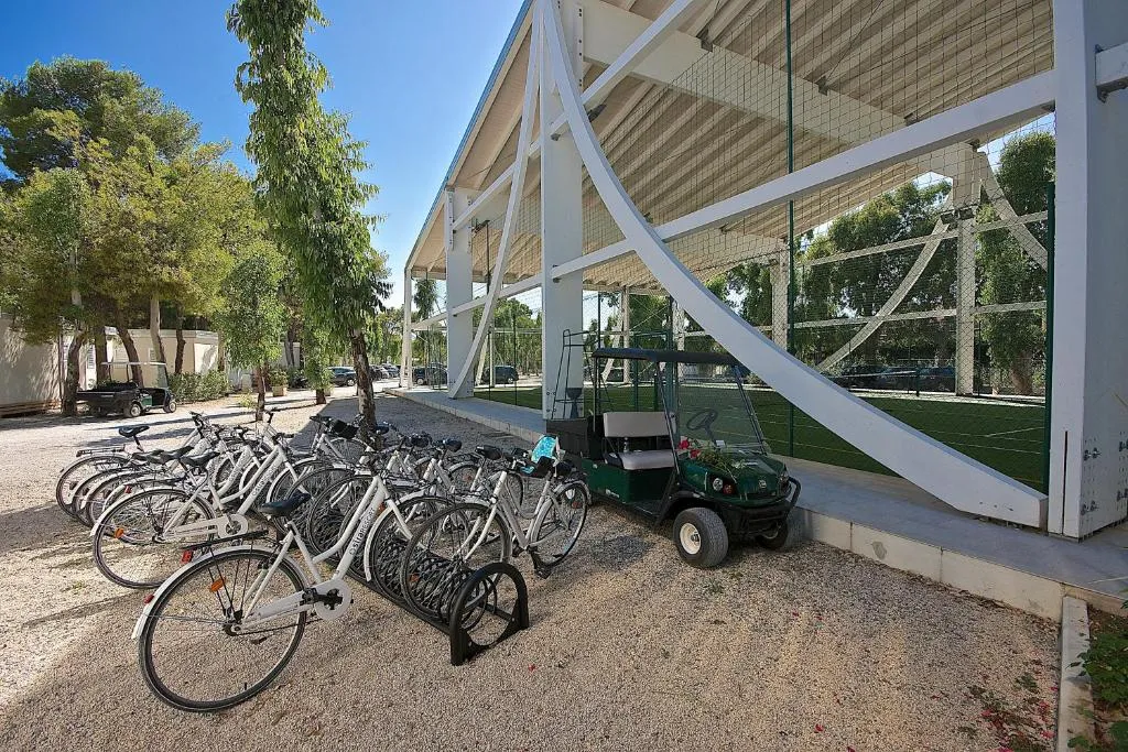Biciclette e golf cart parcheggiati vicino al campo da gioco