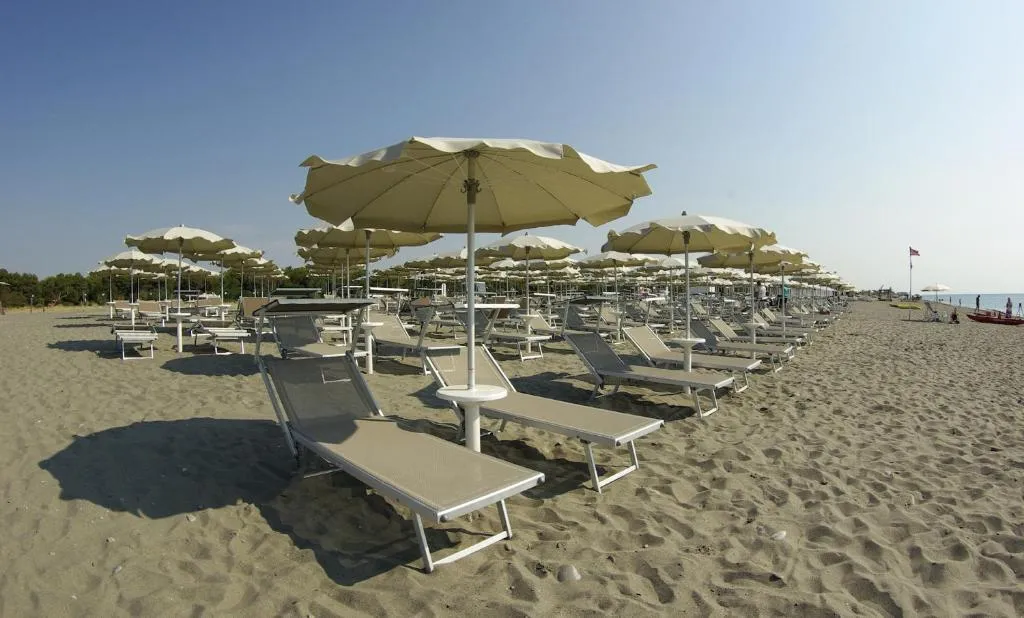 Fila di ombrelloni e lettini sulla spiaggia sabbiosa