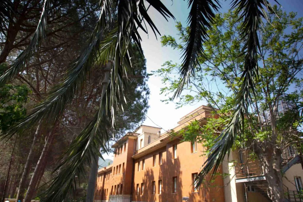 Vista dell'edificio dell'hotel in mattoni tra palme e alberi