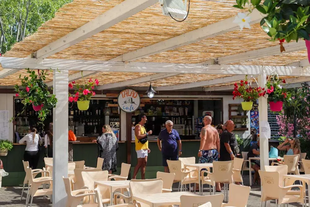 Bar all'aperto con pergolato in canna, tavoli e fiori colorati