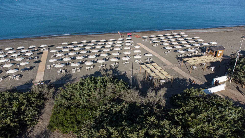 Vista aerea della spiaggia attrezzata con file di ombrelloni bianchi lungo il mare