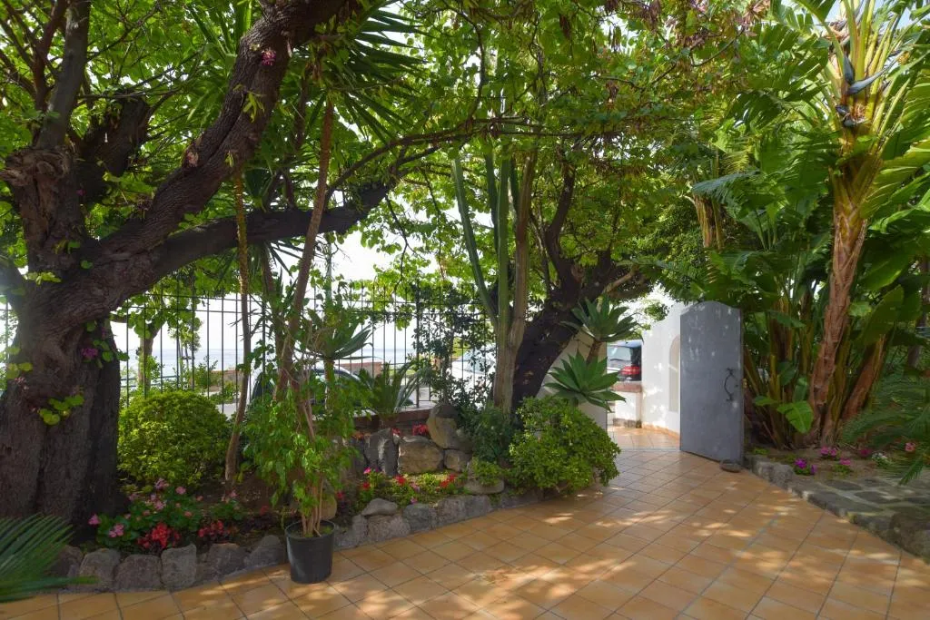 Vialetto del giardino con alberi, piante e cancello vista mare