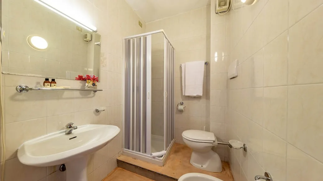 Bagno classico con doccia, lavabo, WC e specchio in piastrelle chiare
