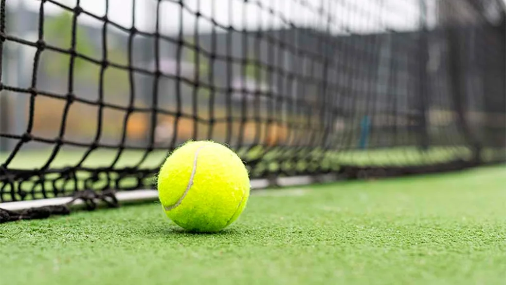 Pallina da tennis sul campo in erba vicino alla rete