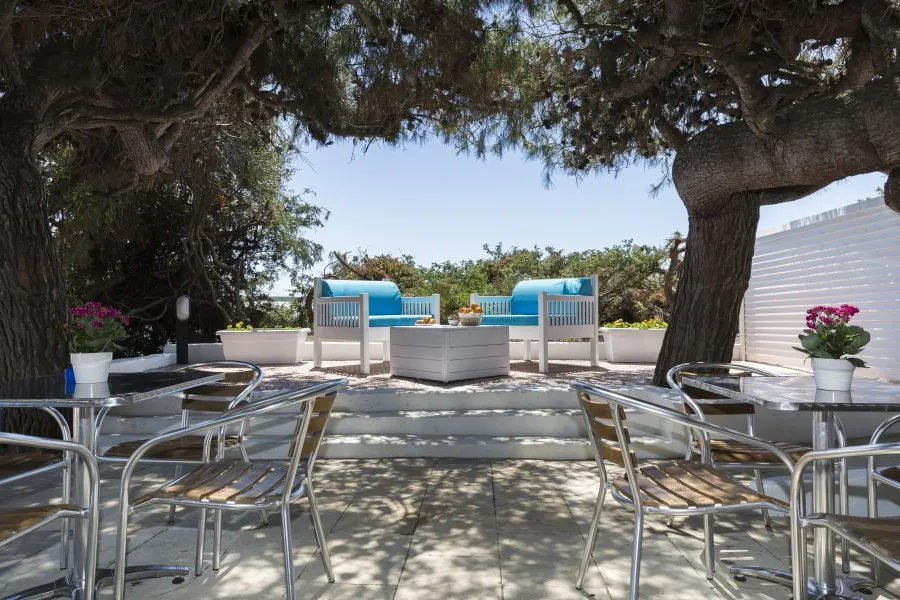Area relax all'ombra degli alberi con divani blu e tavoli