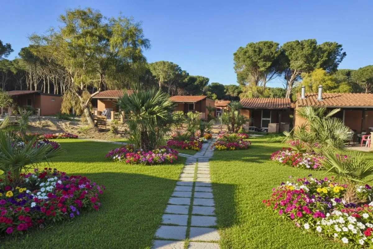 Giardino fiorito con vialetto in pietra e bungalow circondati dal verde