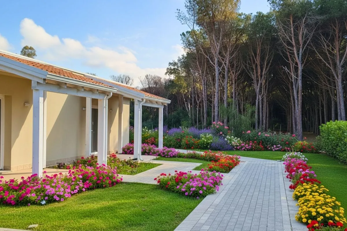 Bungalow con portico circondato da aiuole fiorite e vialetto in pietra