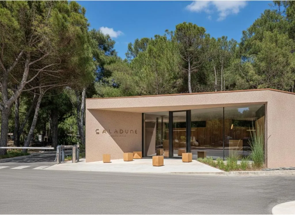 Ingresso moderno del resort Caladune con insegna e pini sullo sfondo