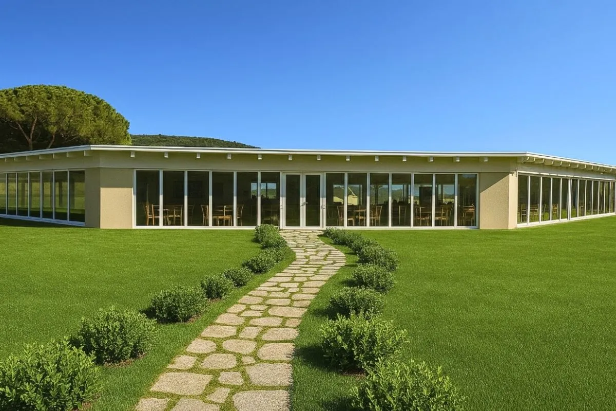 Edificio con ampie vetrate e vialetto in pietra circondato dal prato verde