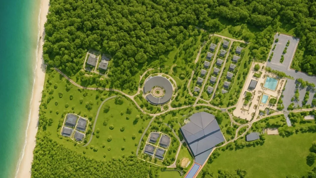 Vista aerea dall'alto del resort tra la pineta e la spiaggia con piscine e campi
