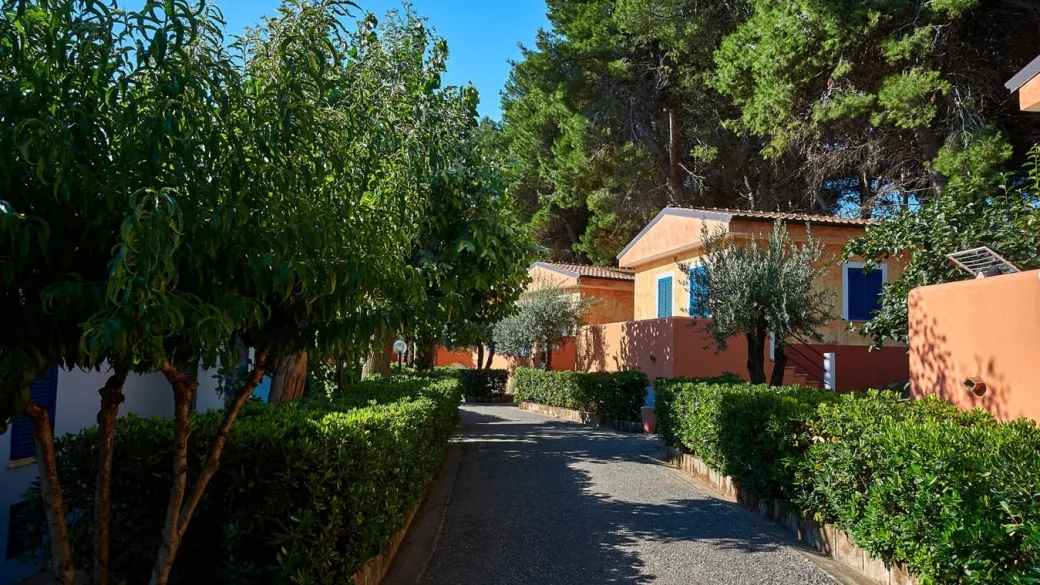 Vialetto tra le casette del resort con siepi curate, alberi e cielo azzurro