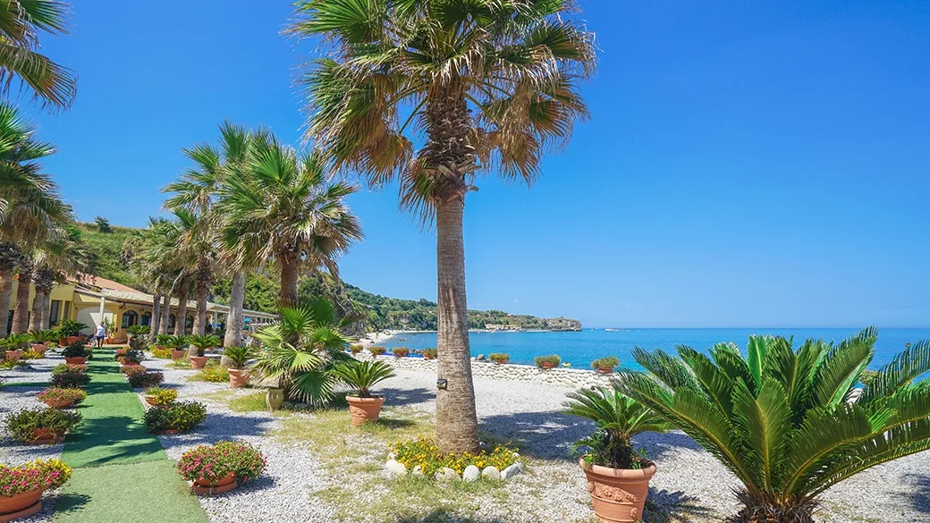 Giardino con palme, piante fiorite in vaso e vista sulla baia