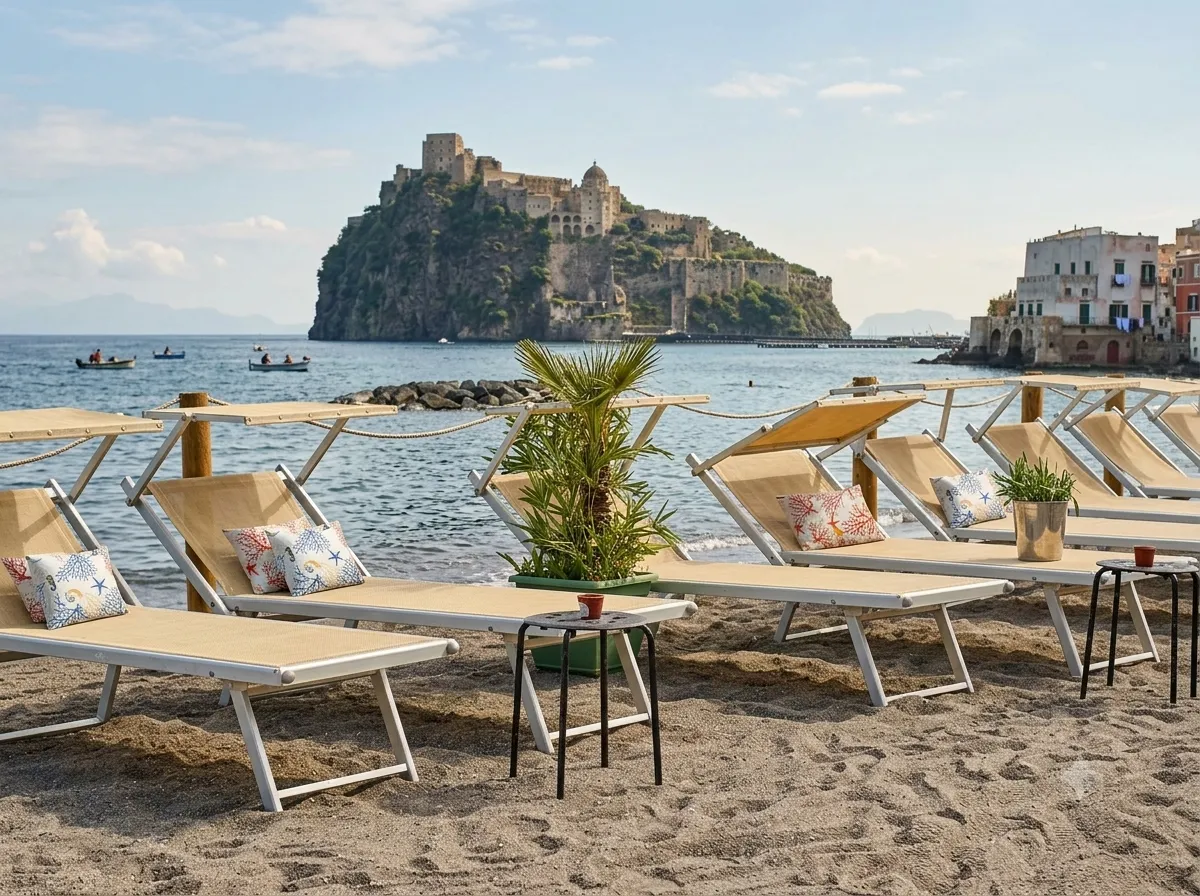 Lettini in spiaggia con cuscini decorativi e vista sul Castello Aragonese di Ischia