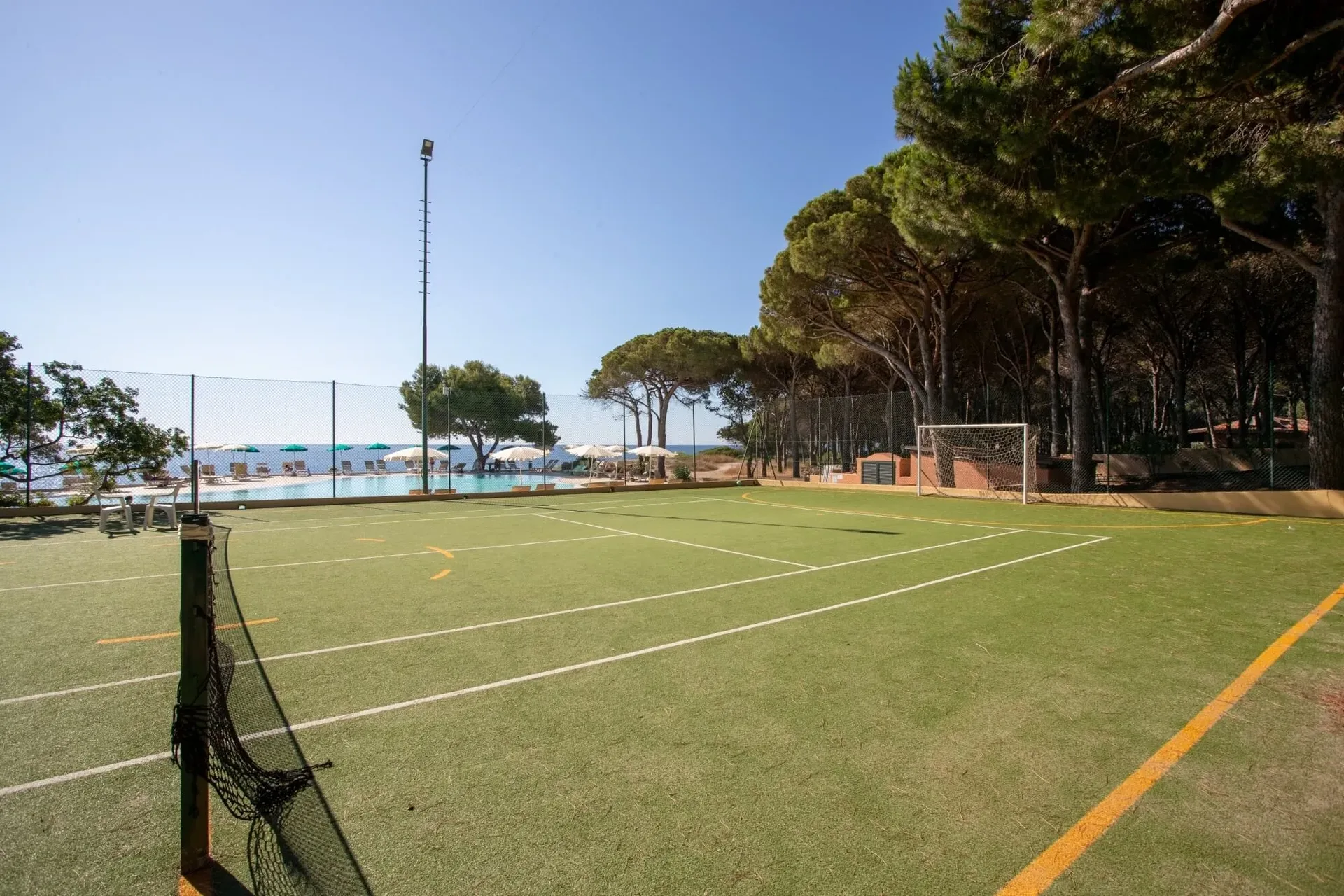 Campo polivalente in erba sintetica con piscina e pini sul mare