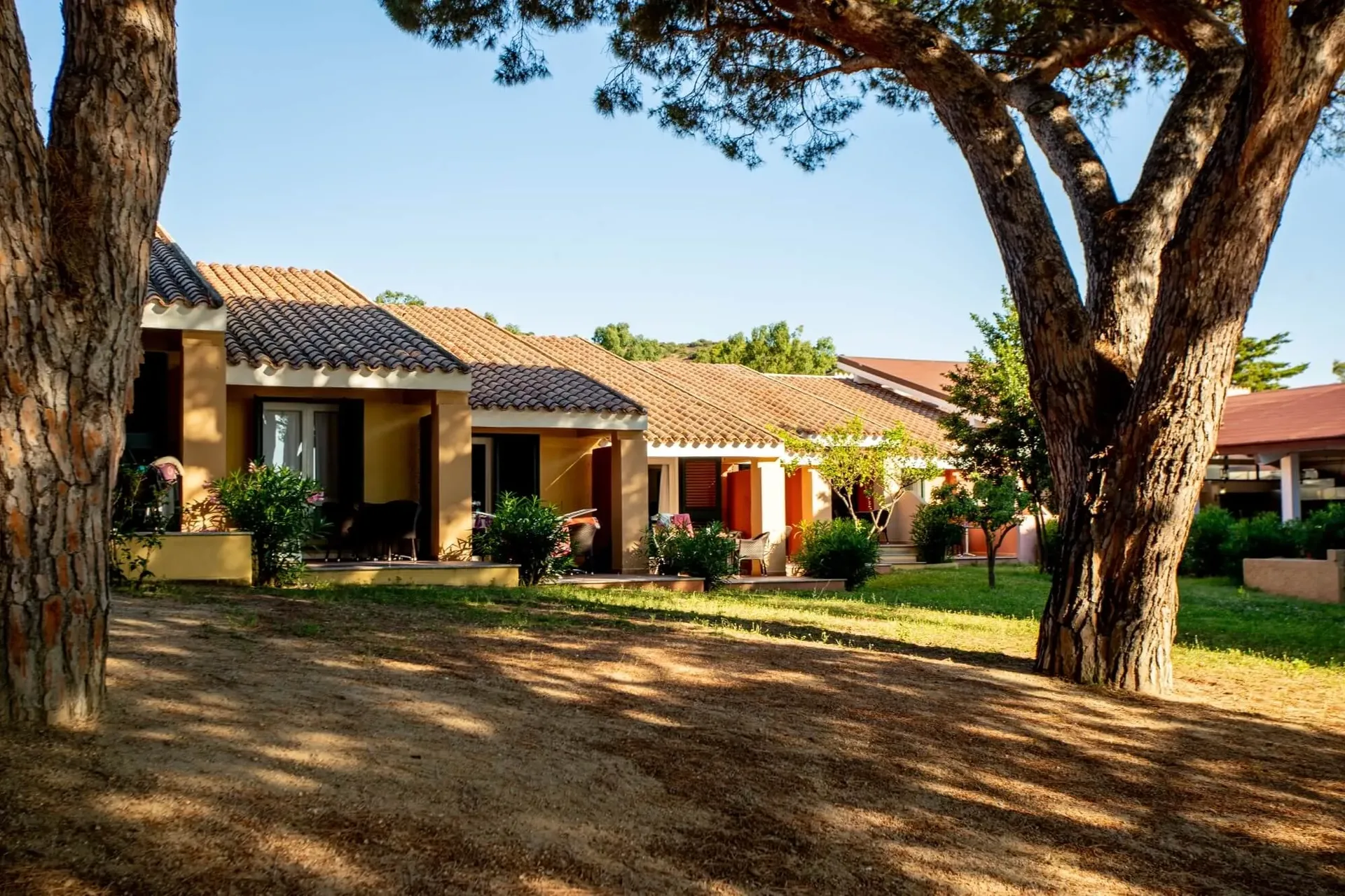 Bungalow mediterranei con verande tra pini e giardini al tramonto