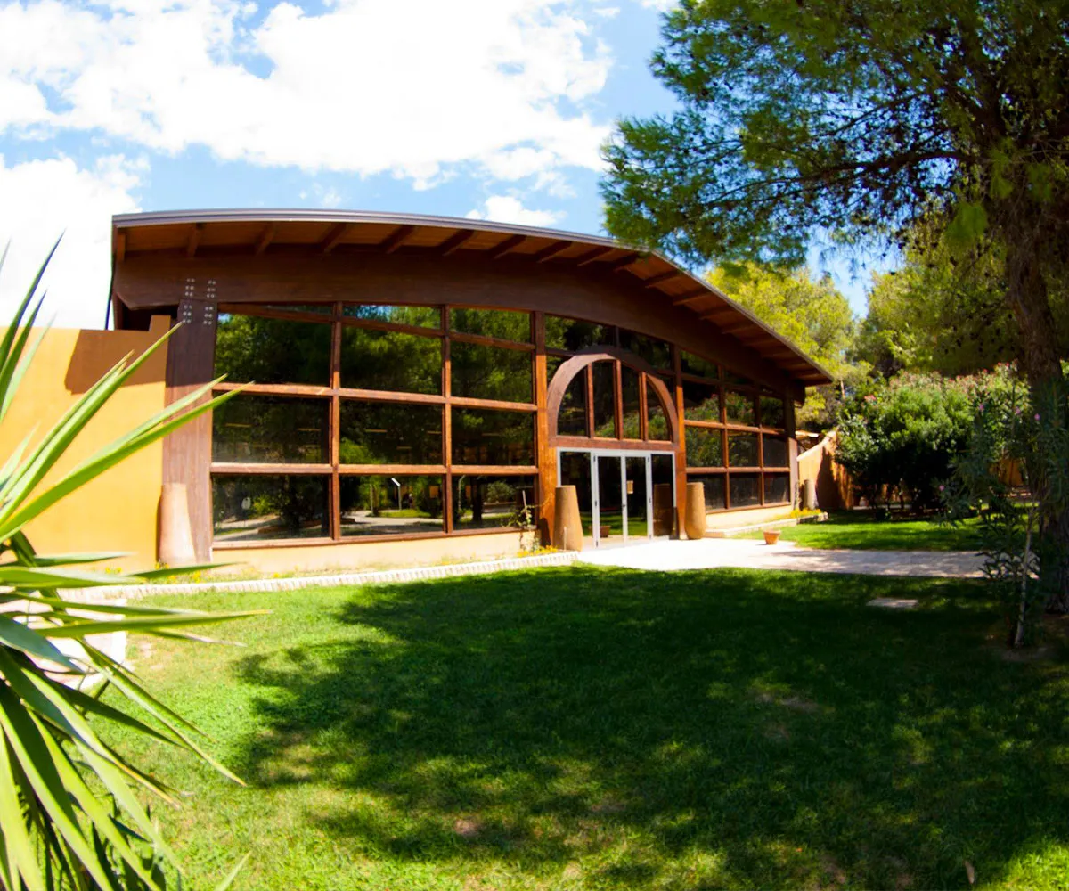 Edificio moderno con grande facciata in legno e vetro circondato dal verde