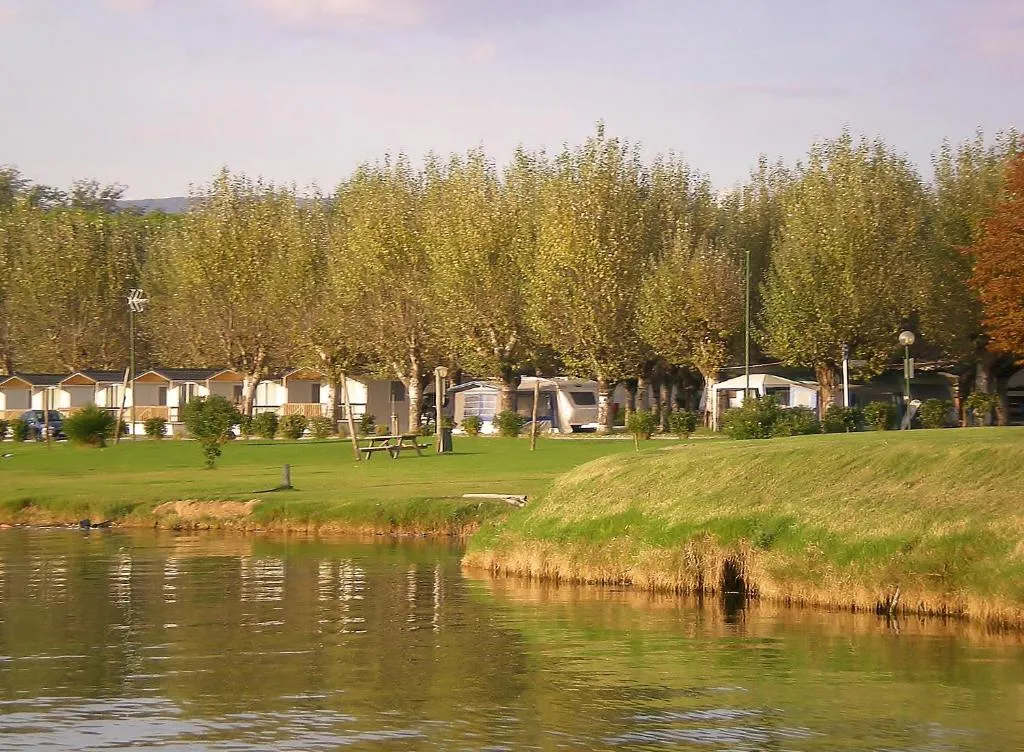 Casette e roulotte tra alberi sulla riva di un fiume con prato verde