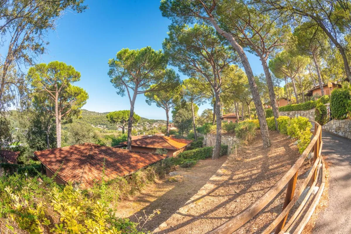 Vialetto del villaggio tra pini e vegetazione mediterranea con vista sulle colline