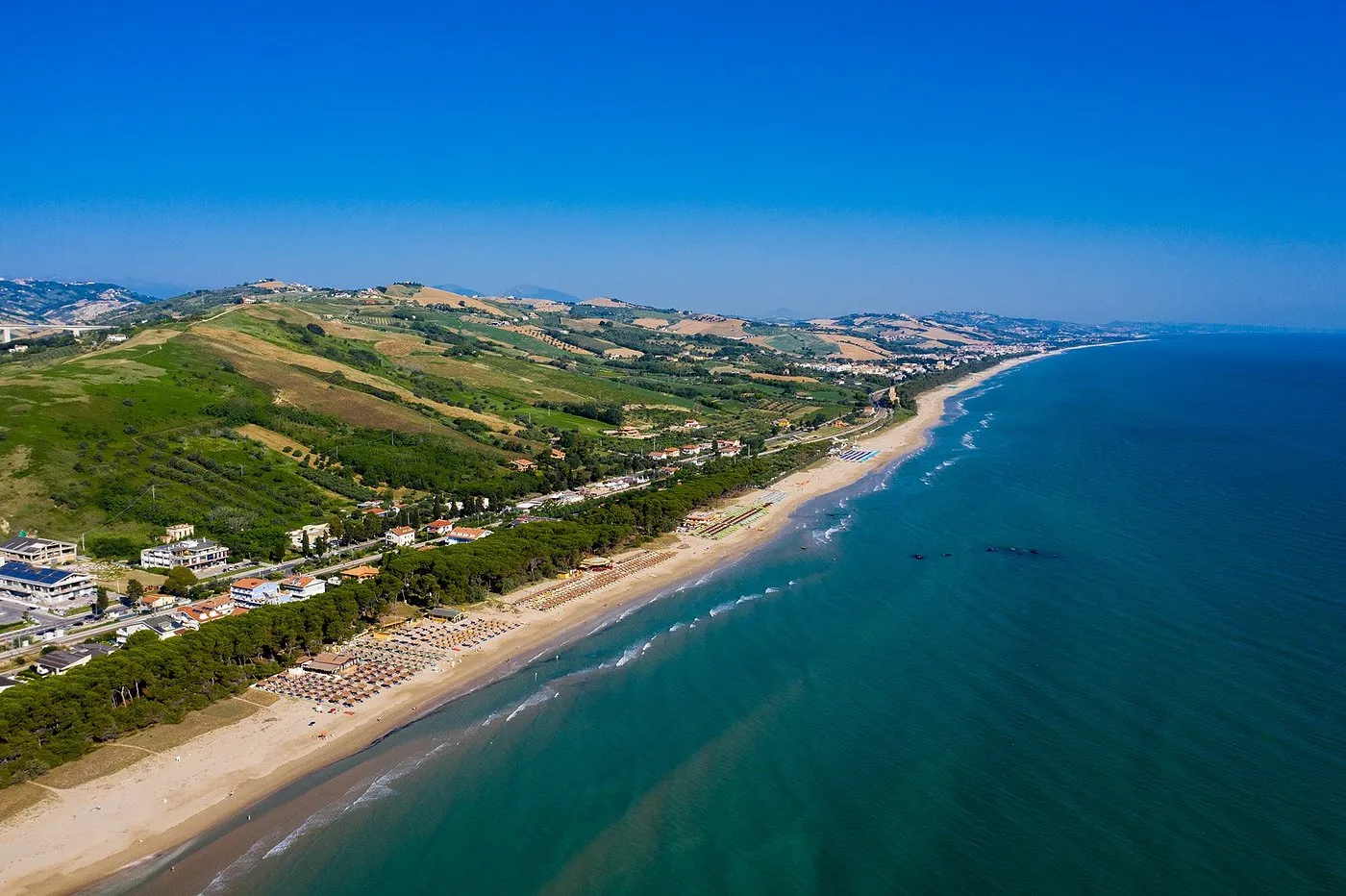 Vista aerea della lunga spiaggia sabbiosa con mare turchese, colline verdi e pineta sullo sfondo