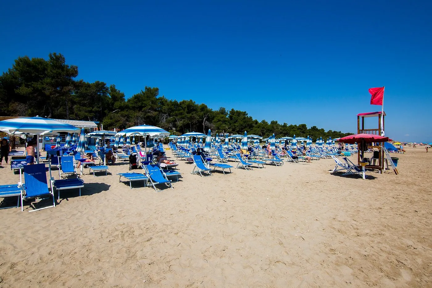 Spiaggia attrezzata con lettini blu, ombrelloni a righe e torretta di salvataggio con bandiera rossa