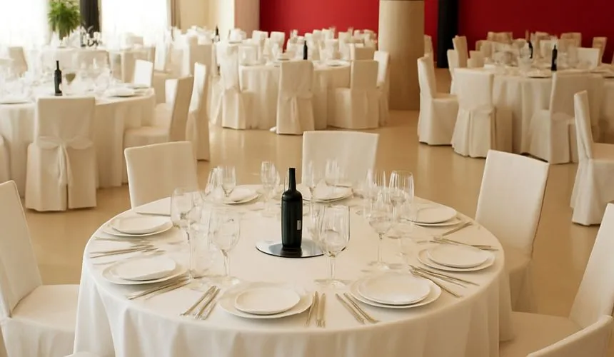 Sala ristorante per banchetti con tavoli rotondi apparecchiati e sedie con coprisedia bianchi