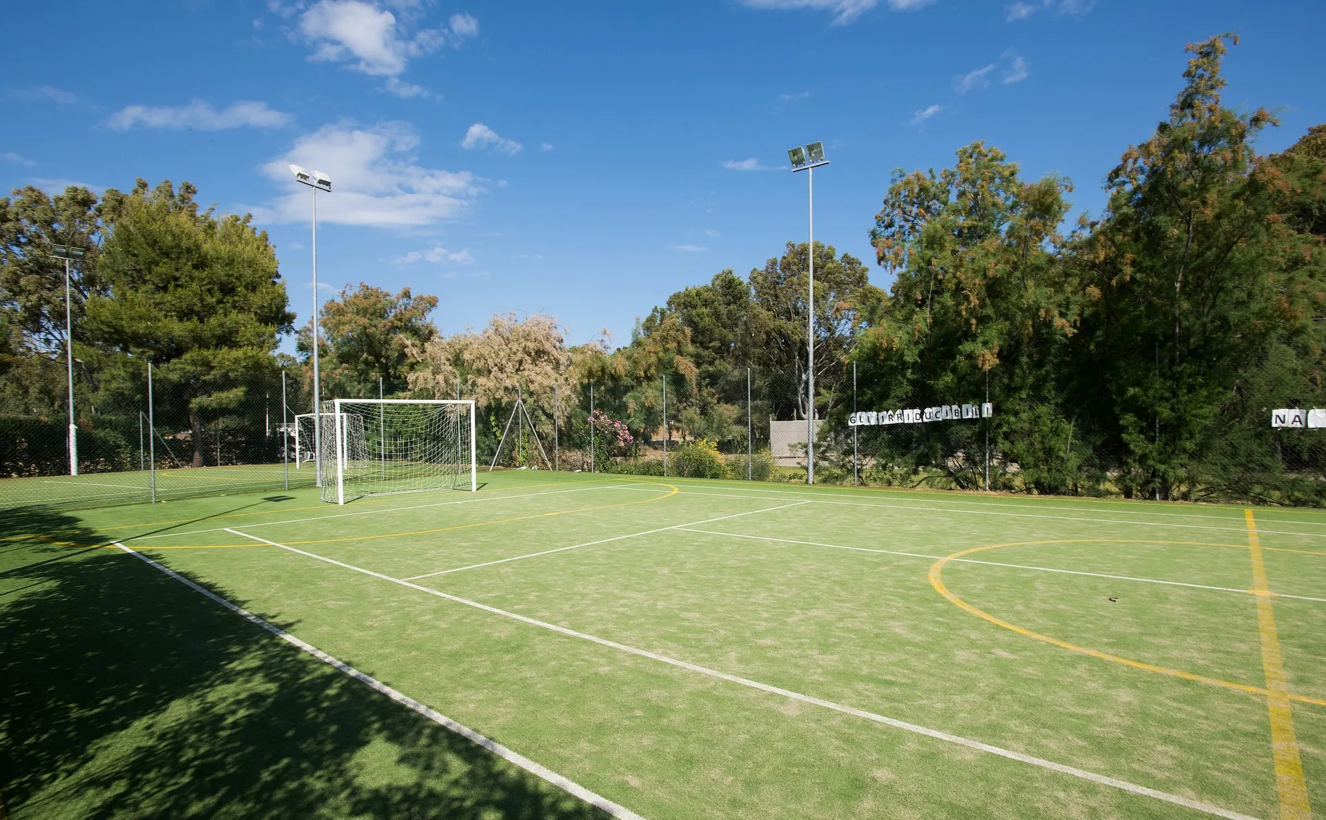 Campo sportivo in erba sintetica con porte da calcio circondato da alberi