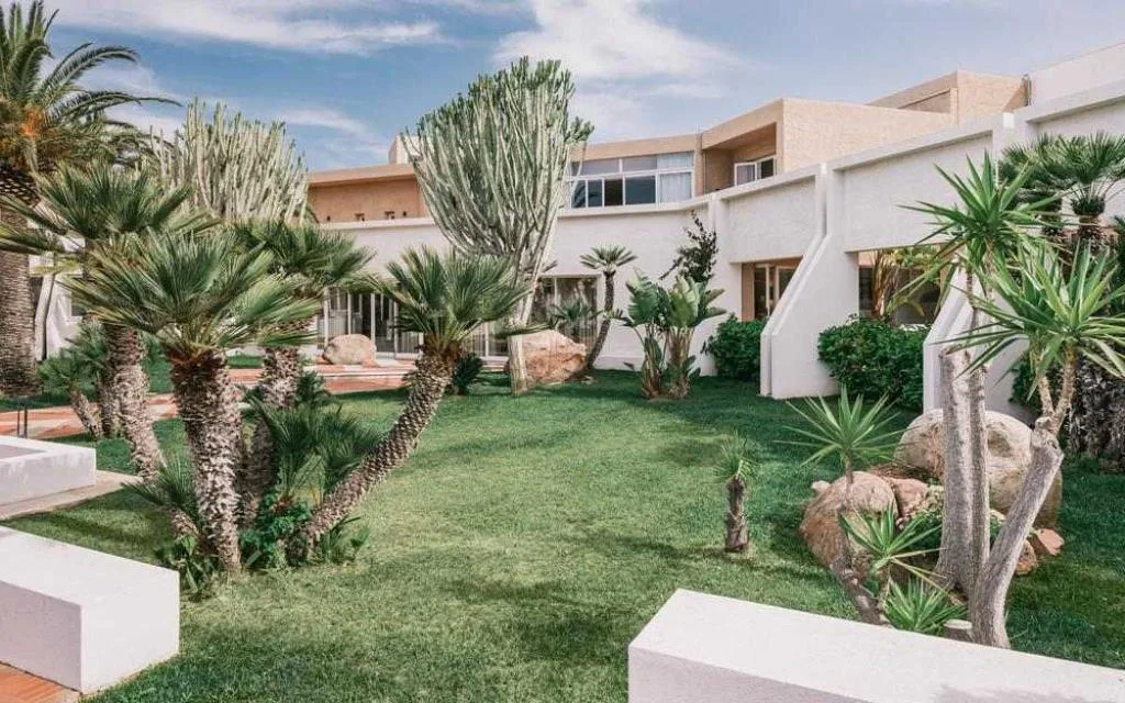 Giardino curato con palme, piante grasse e prato verde tra gli edifici bianchi