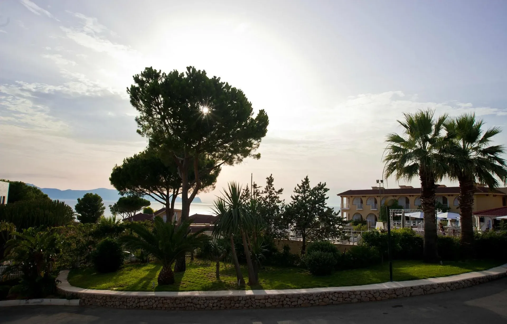 Giardino del resort con pini e palme al tramonto