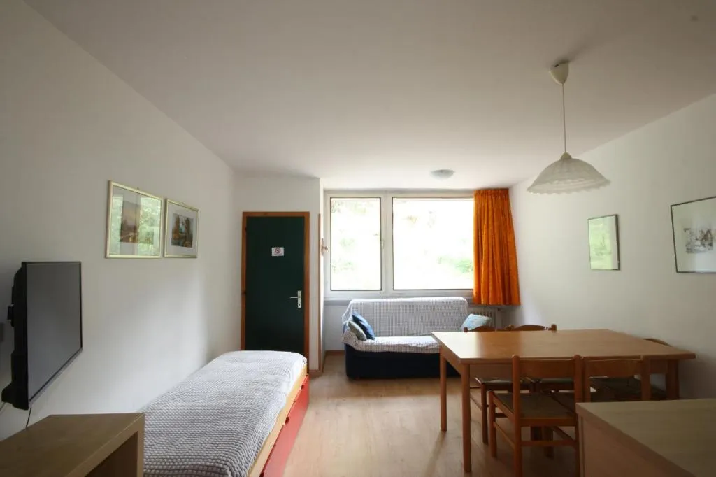 Soggiorno luminoso con letto singolo, divano, tavolo da pranzo e TV a parete