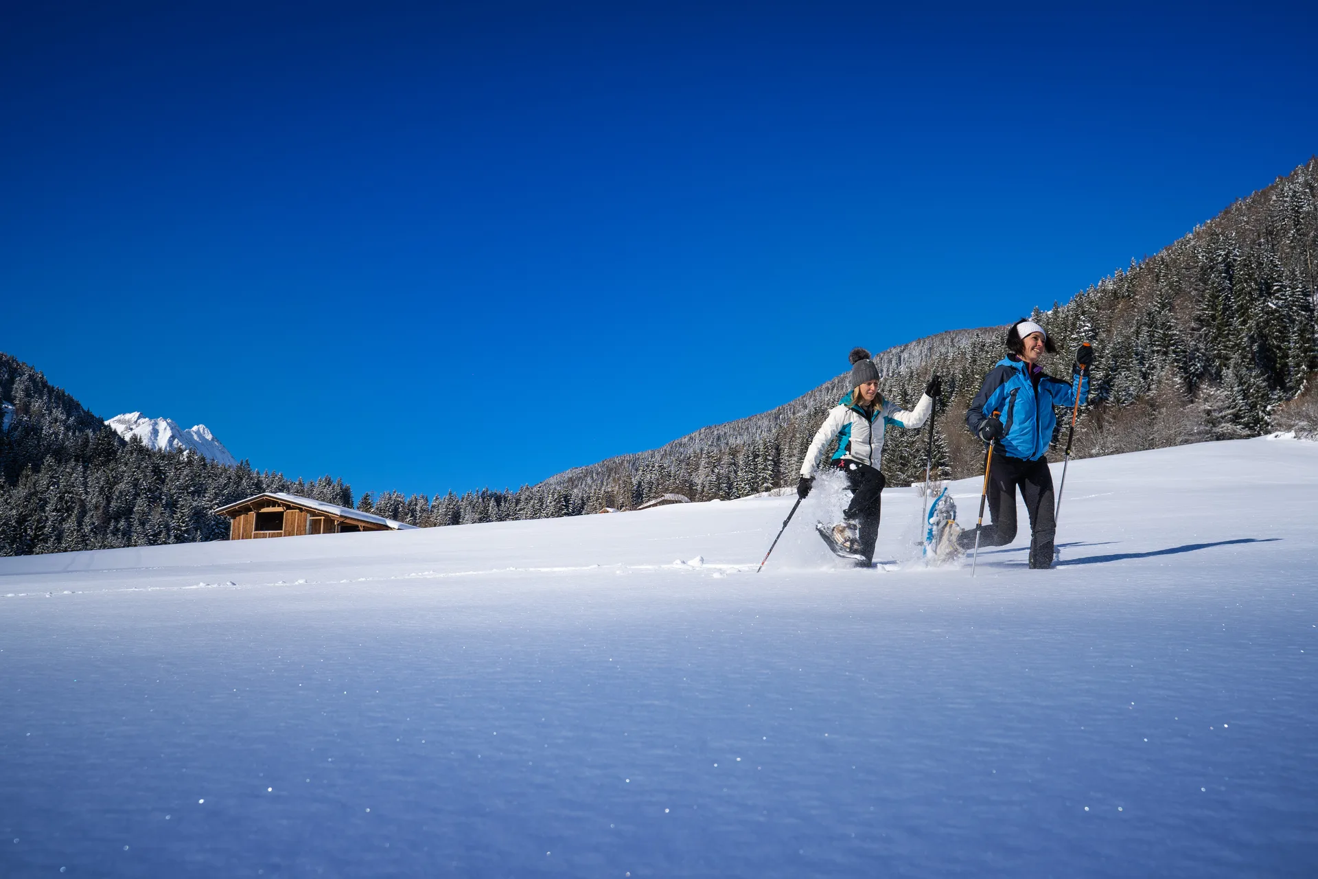 Due persone praticano ciaspolate su neve fresca con cielo azzurro