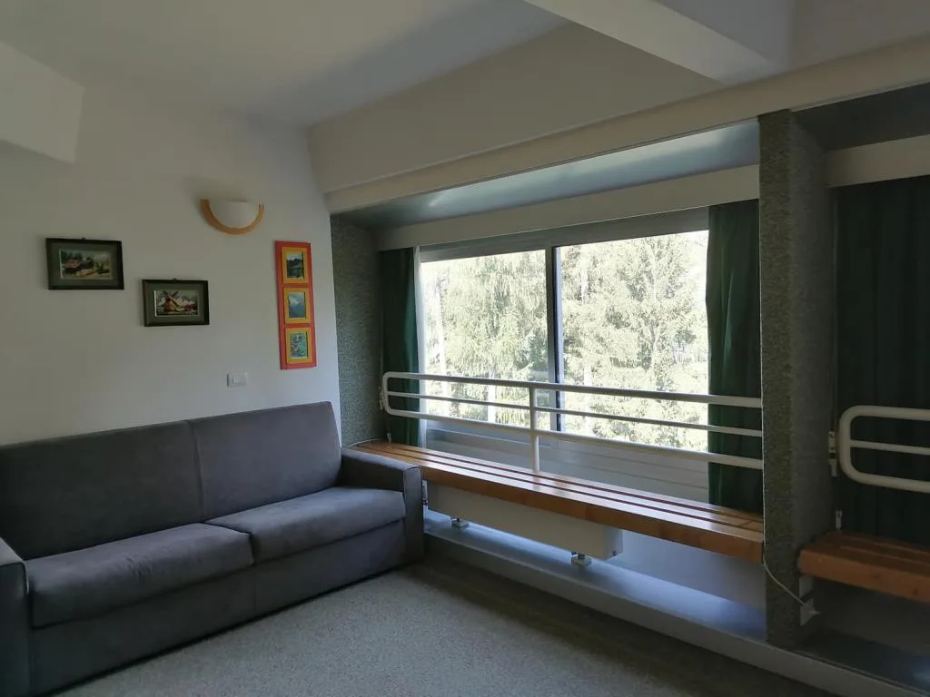 Soggiorno con divano grigio, quadri alle pareti e finestra con vista sul bosco